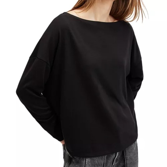 ALLSAINTS Rita Oversized Tee Black Boat Neck Long Sleeve Slouchy Relaxed Tshirt - Picture 11 of 15